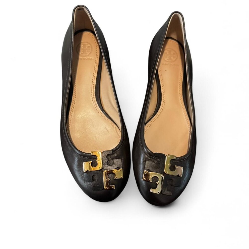 Tory Burch dark brown leather ballet flats with metallic embellishment